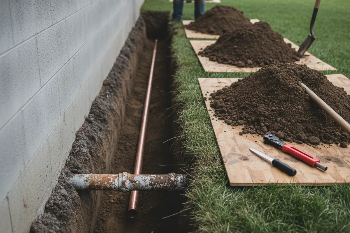 Excavated water line trench during Water Softener Installation in Round Rock